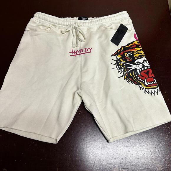 Ed Hardy Mens off white Screaming Tiger Print Fleece Casual Shorts Size L or XL - Picture 1 of 5